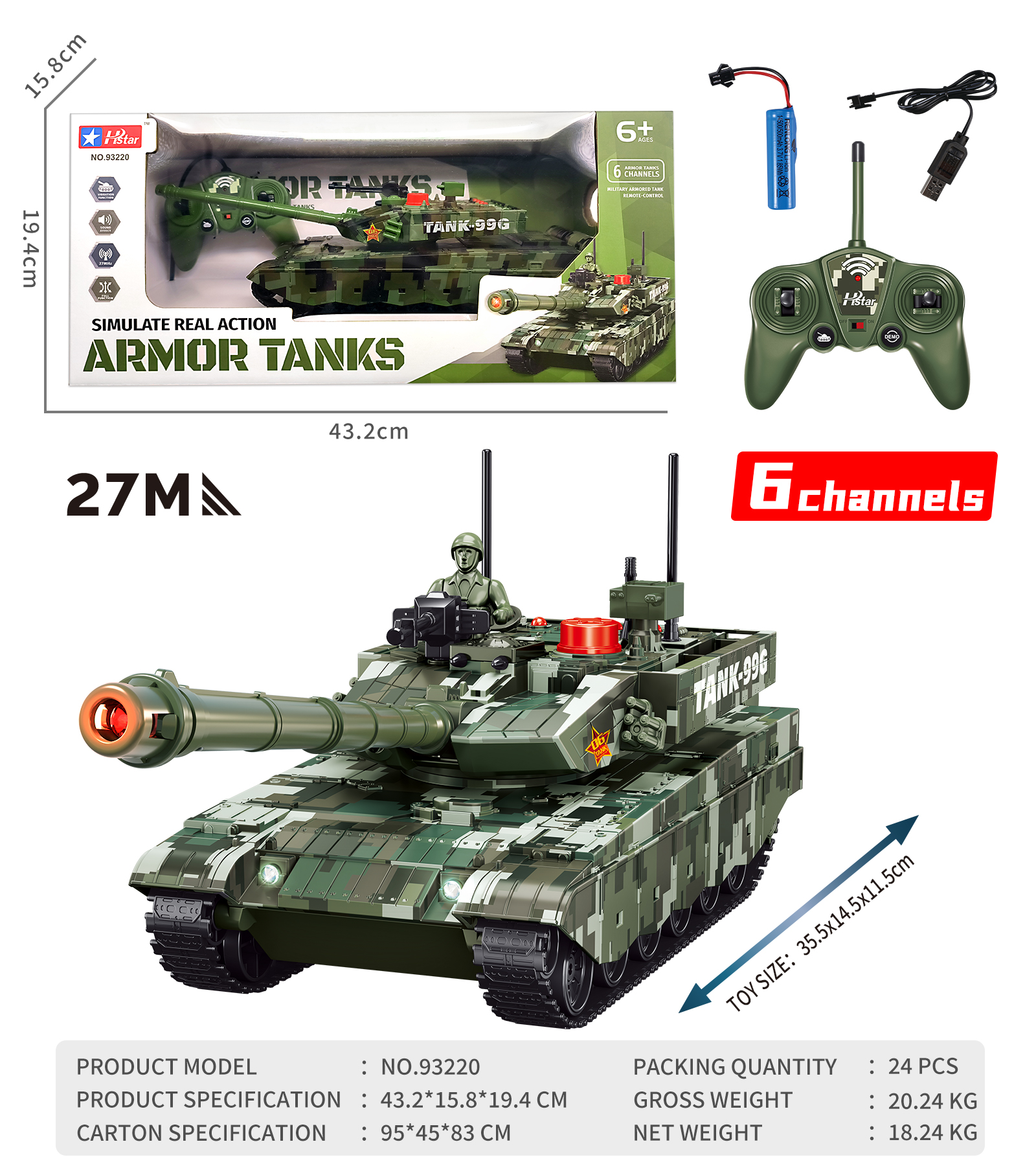 1/16 BATTLE ARMORED REMOTE-CONTROLLED TANK-93220