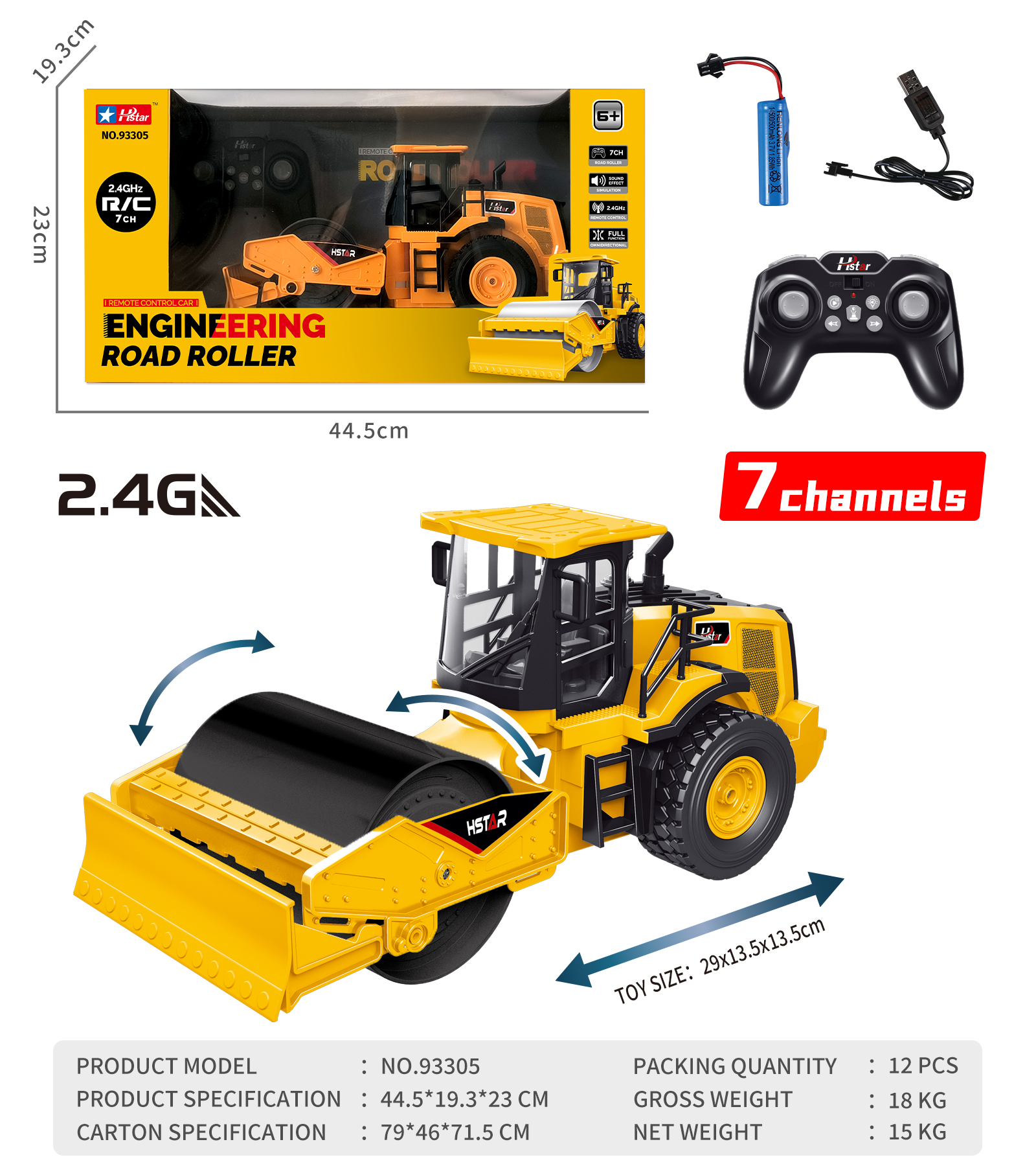 1/12 REMOTE CONTROL ROAD ROLLER 7 CHANNEL-93305