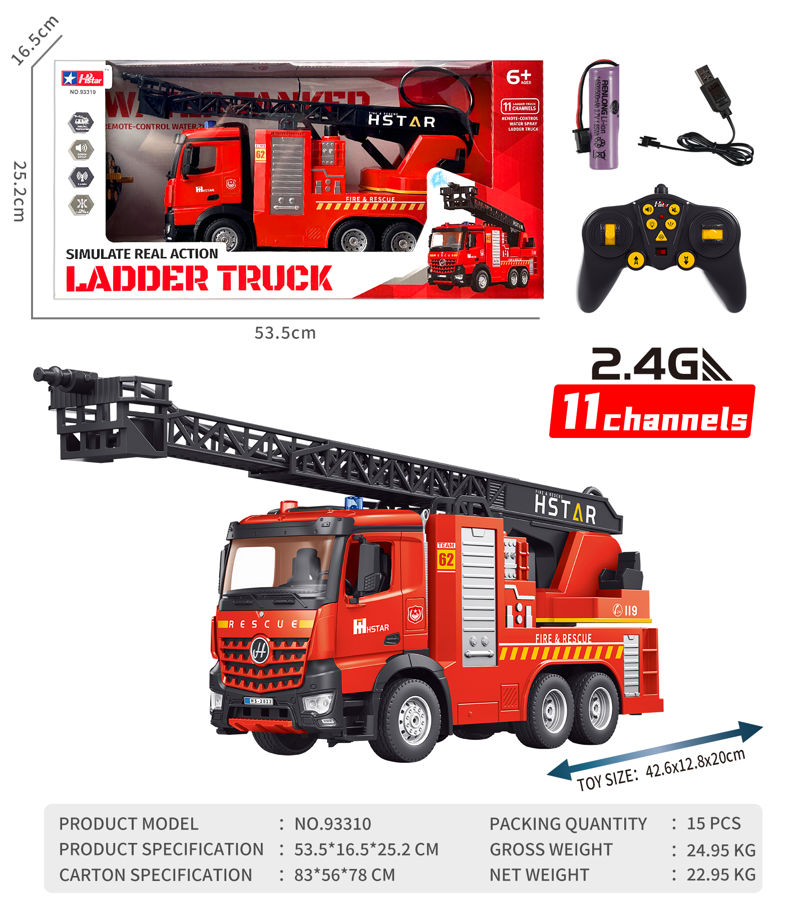1/16 REMOTE CONTROL FIRE LADDER TRUCK 11 CHANNEL-93310