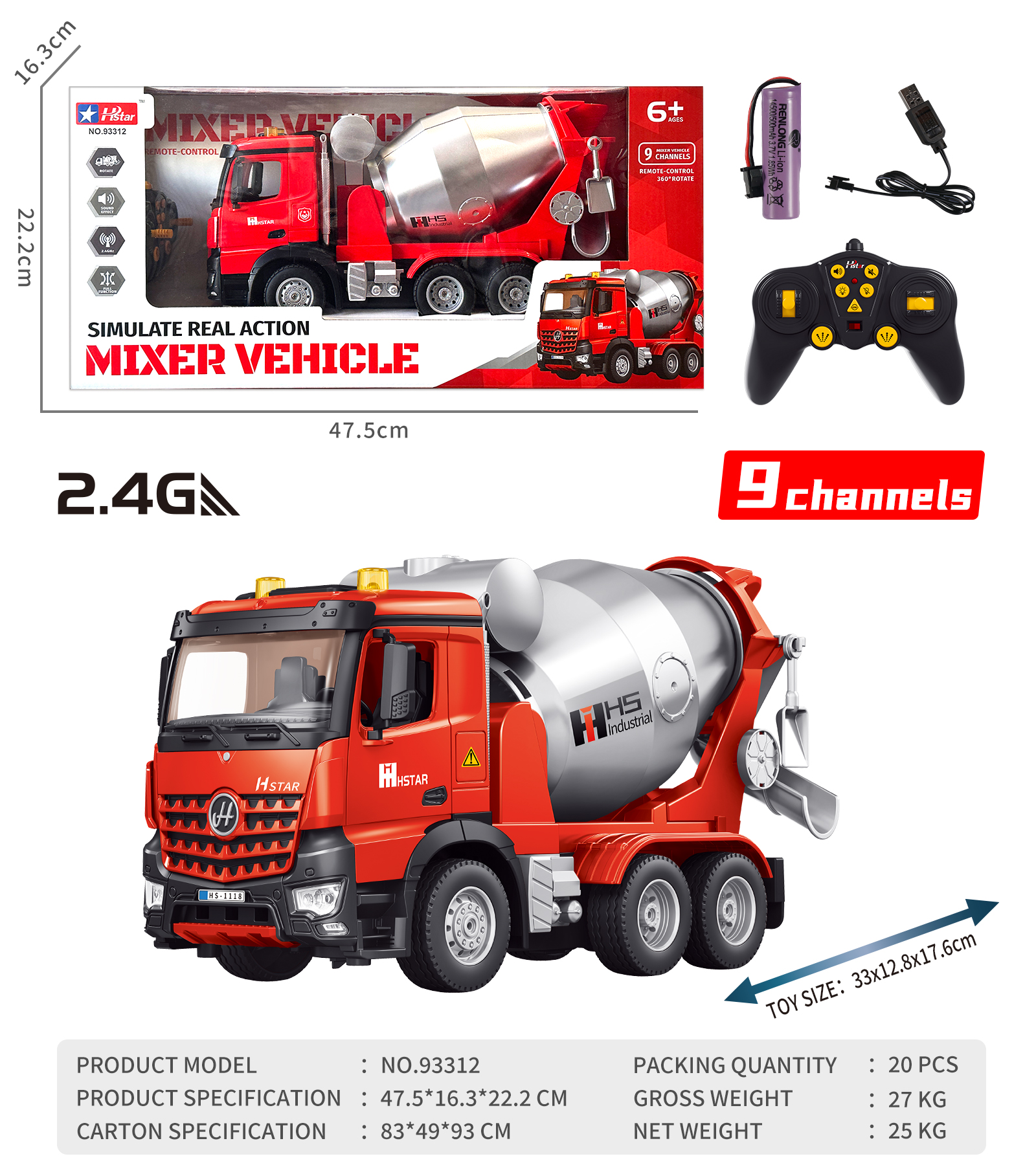  1/16 REMOTE CONTROL MIXER TRUCK 9 CHANNEL-93312