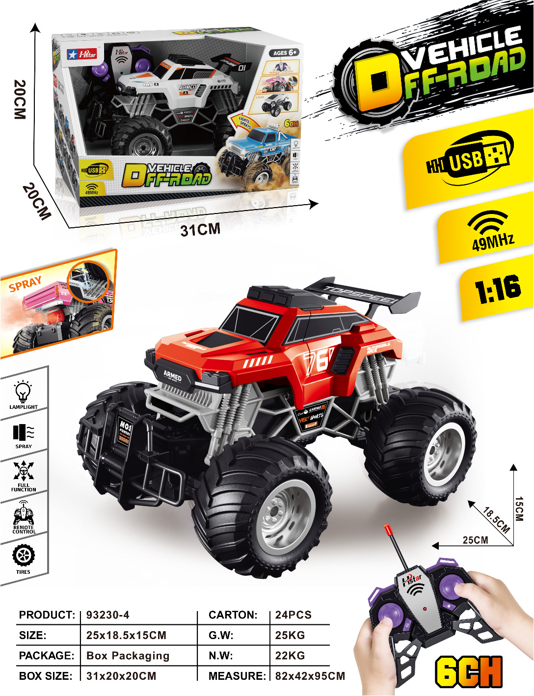 1/16 REMOTE CONTROL SPRAY OFF-ROAD VEHICLE 6 CHANNEL-93230