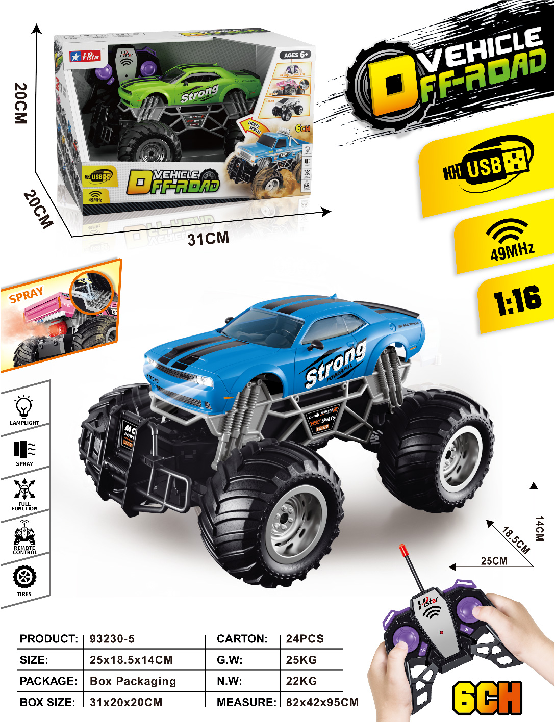 1/16 REMOTE CONTROL SPRAY OFF-ROAD VEHICLE 6 CHANNEL-93230