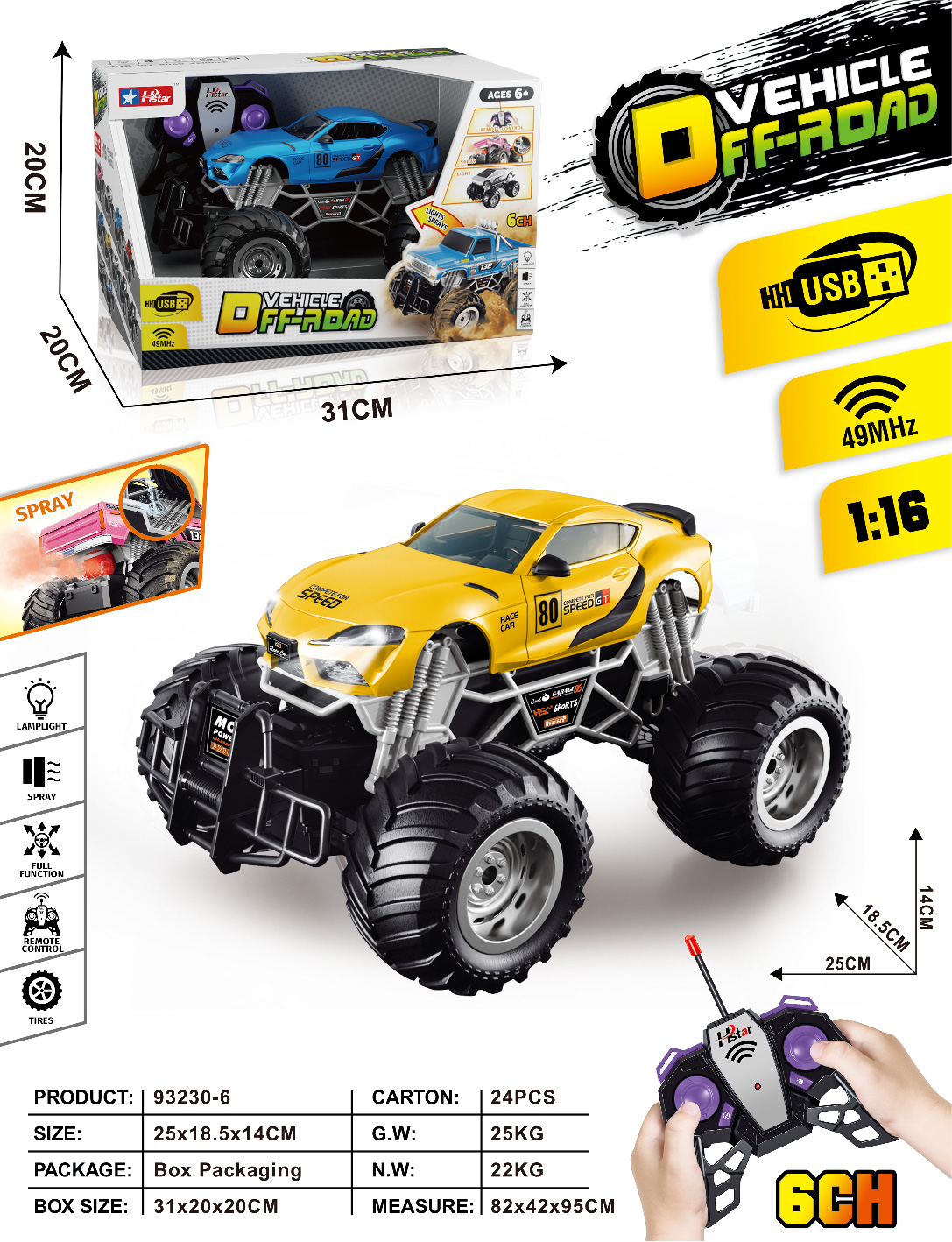 1/16 REMOTE CONTROL SPRAY OFF-ROAD VEHICLE 6 CHANNEL-93230