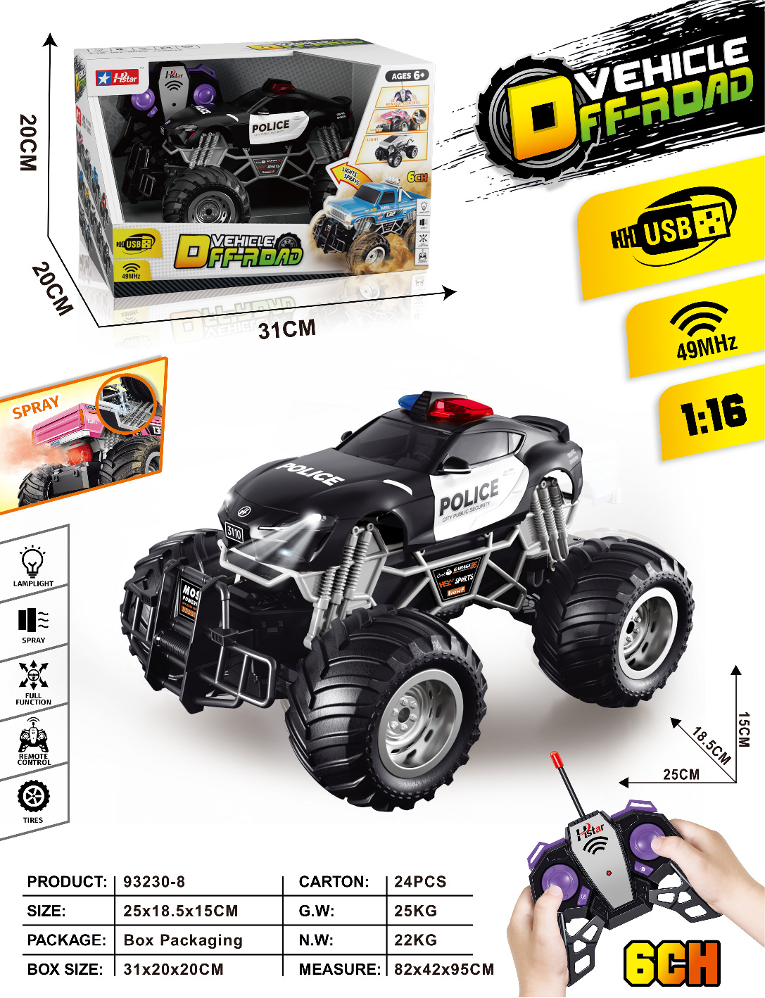 1/16 REMOTE CONTROL SPRAY OFF-ROAD VEHICLE 6 CHANNEL-93230