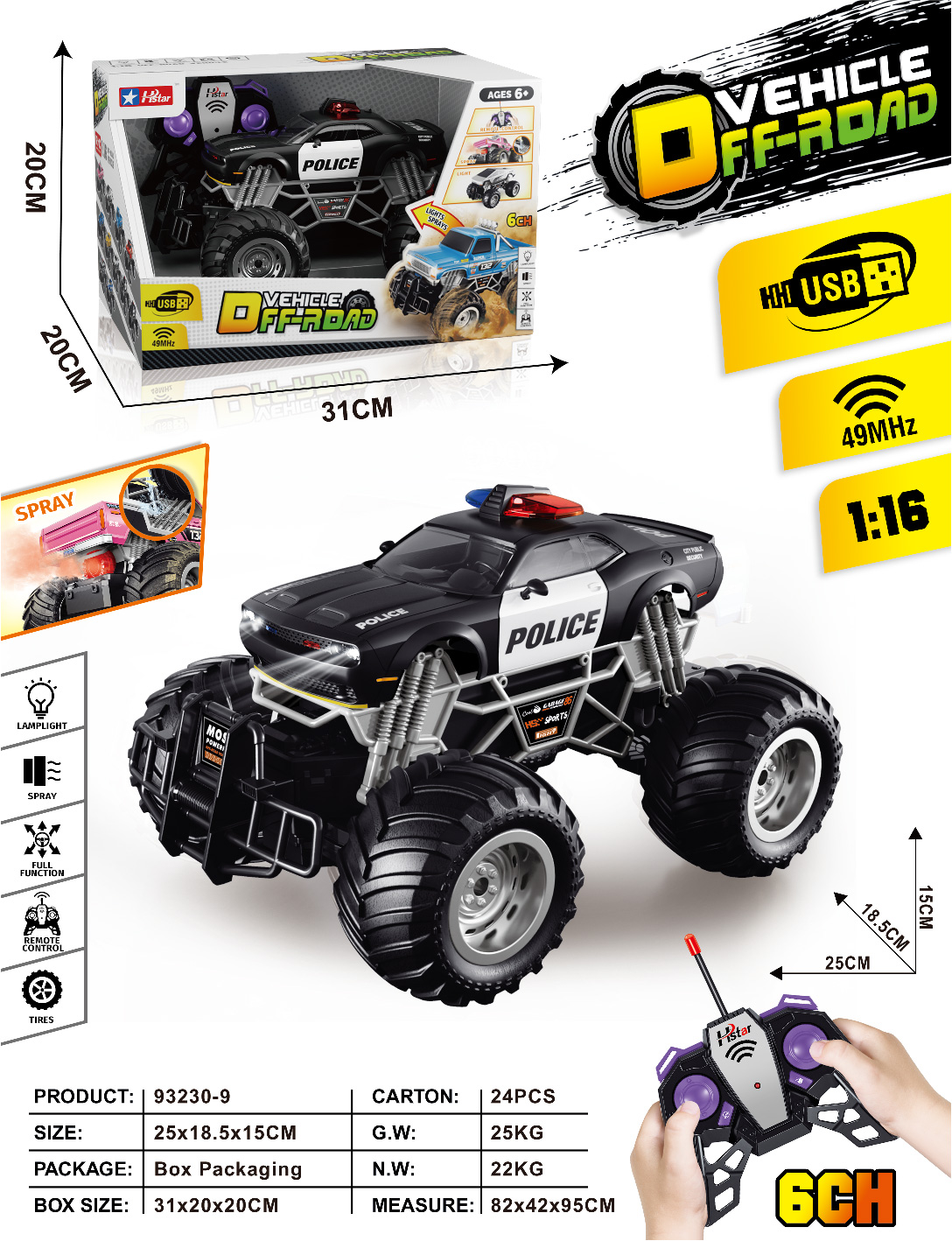 1/16 REMOTE CONTROL SPRAY OFF-ROAD VEHICLE 6 CHANNEL-93230