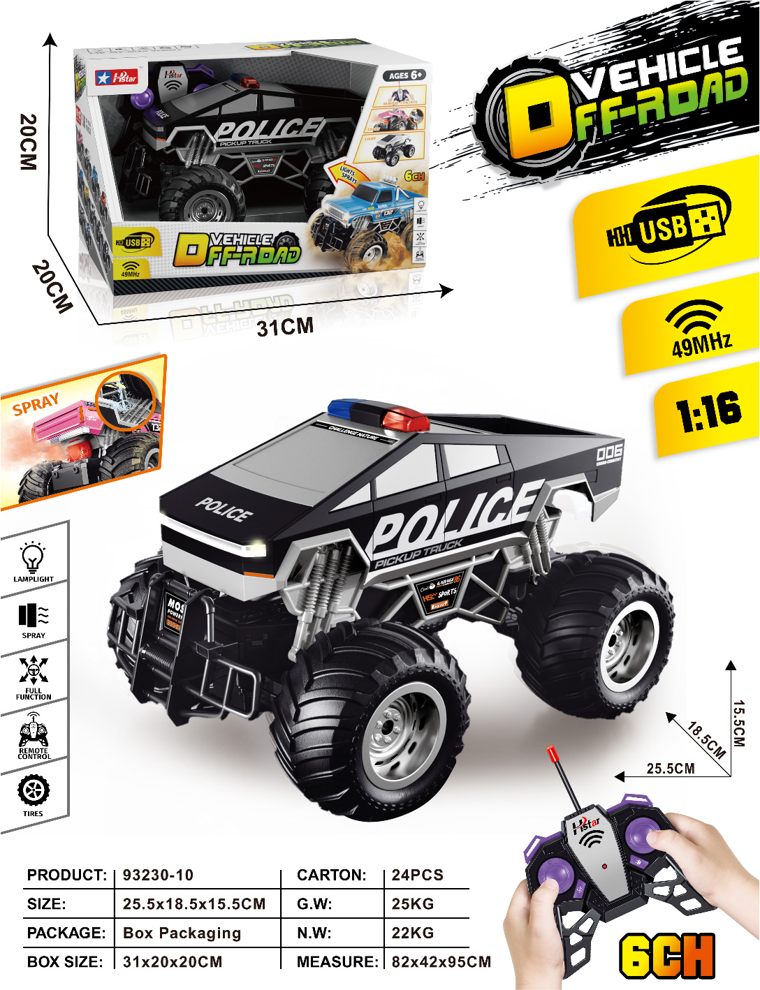 1/16 REMOTE CONTROL SPRAY OFF-ROAD VEHICLE 6 CHANNEL-93230