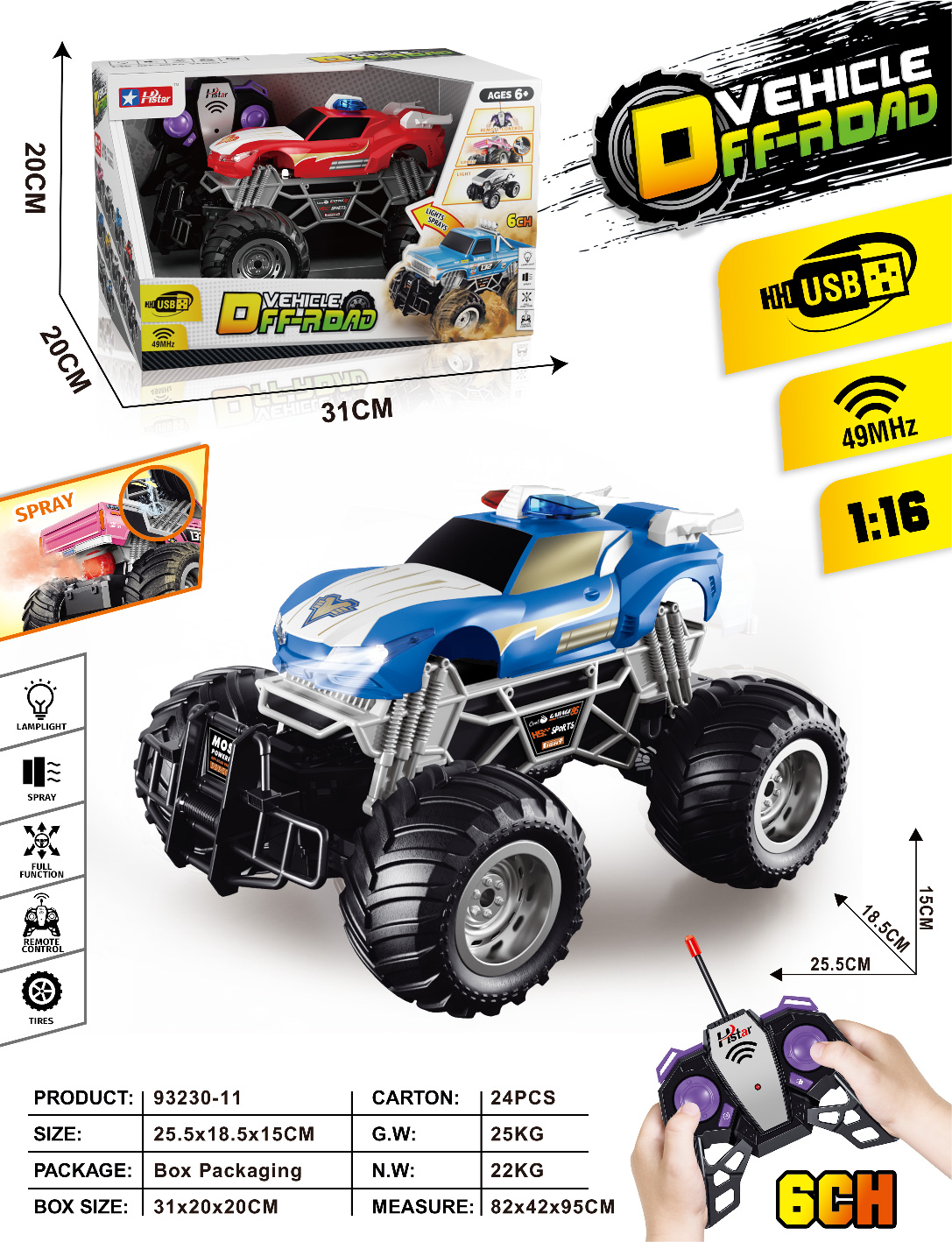 1/16 REMOTE CONTROL SPRAY OFF-ROAD VEHICLE 6 CHANNEL-93230