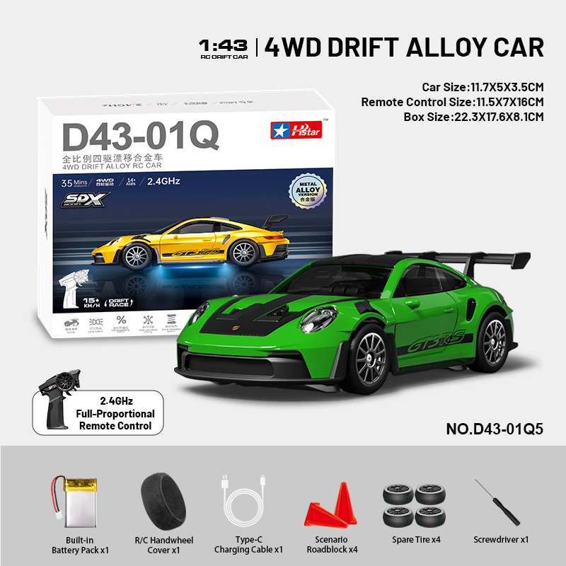 D43-01Q5 1:43 Scale 2.4G Full Proportional 4WD Alloy RC Drift Car with Gyro System